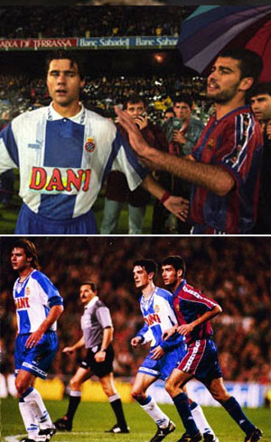 Pochettino y Guardiola en épocas de jugador. Uno en Espanyol, el otro en Barcelona. 